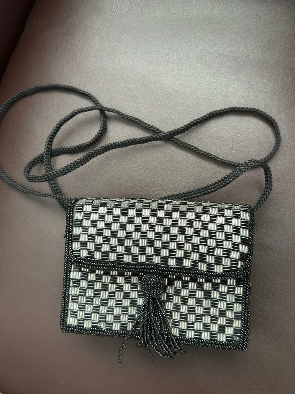 Vintage Magid Beaded Crossbody Bag Black Gold Checkerboard Tassel Evening Clutch